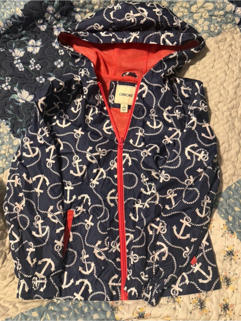 Cherokee Navy Anchor Hooded Rain Jacket with Coral Accents